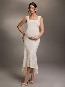 Cheriluna Maternity 优雅不对称下摆无袖孕妇连衣裙，适合拍照 - 米色 - 查看 3