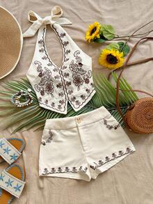 Soleia Bộ đồ hai mảnh không tay kiểu vintage buộc dây cổ cho nữ, thời trang mùa hè. - Nhiều màu - Xem 5