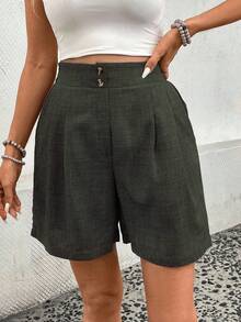 EMERY ROSE Pleated Pocket Casual High Waist Loose Versatile Shorts - Olive Green - View 6