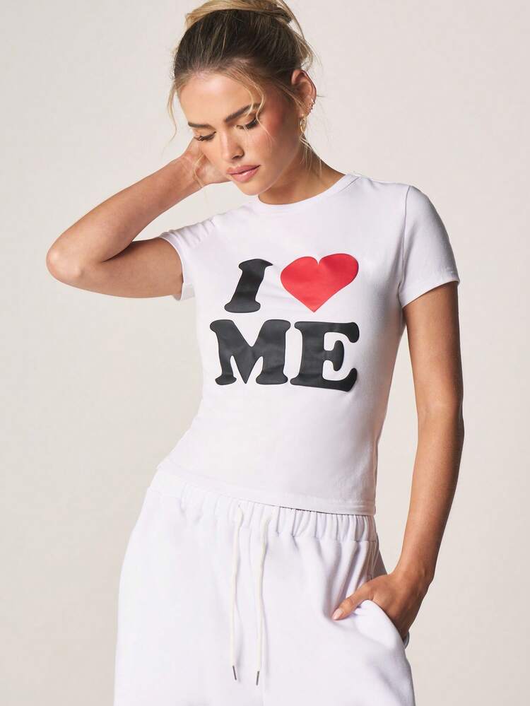 MISSGUIDED Ich liebe mich Grafik-Muster Kurzarm Rundhals Baumwoll T-Shirt, Selbstliebe Motivations Statement, lässiges Sommer-Oberteil