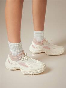 Solezae #UrbanTech Women's Cream Pink Sock-Fit Cage Sneakers – Bold 3D Feeling Outsole, Breathable Comfort & -Driven Style - Beige - View 5