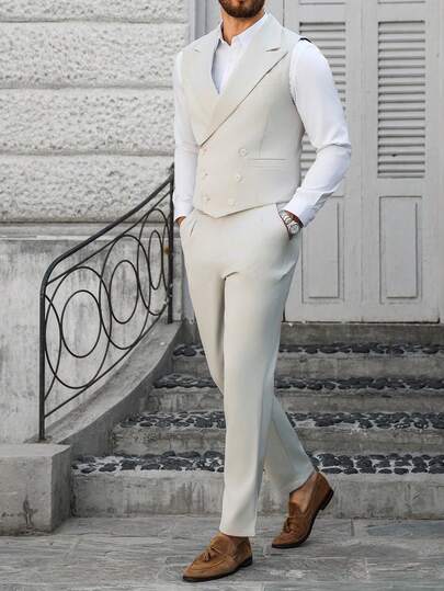 Manfinity Mode Men's Double-Breasted Casual Sleeveless Suit Vest And Trousers Set; Men's Business Formal Button-Down Front-Opening Vest Suit Jacket And Slim-Fit Trousers; Men's Vest Suit Two Pieces Set.Men Old Money,Daily Leisure, Weekend Trips, Outdoor Activities, Travel Expeditions, Relaxed Work Environments Or Semi-Formal Occasions, Boyfriend/Husband Gift, Anniversary /Birthday Gift Party Summer Vacation Holiday,Wedding,Spring To Summer,Mardi Gras,Elegant Tween Boys Light Grey Vest And Pant Set For Special Occasions And Weddings,White Men Suit For Party,Men Formal Elegant Outfit,Groom Outfit,Men Double Breasted Suit,White Tuxedo For Men