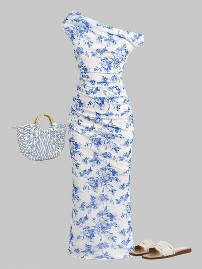 SHEIN Tween Girl Floral Knit Ruched Snug Fit Mesh Dress Maxi Dress For Summer Summer Vacation Dress Blue Flower Dress Blue And White Dress Floral Maxi Dress Summer Dresses For Vacation Maxi Dresses For Summer One Shoulder Dress Blue And White Dress Girls Cotton Dresses Chinese Dress Long Dress In Size Of 15 Years Old For Summer
