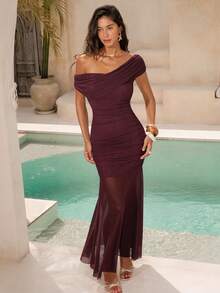 Modelyn Elegant Burgundy Summer Dinner Dress For Women,Asymmetrical Off Shoulder Sheer Ruched Formal Long Party Banquet Outfits,Wine Maroon Twist Dress - Burgundy - View 4