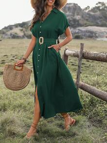 EMERY ROSE Women's V-Neck Button Detail Slit Dress Maxi Women Outfit - Dark Green - View 6