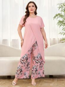 Ellevyn Bộ đồ 2 món dành cho nữ cỡ lớn: Áo dài tay ngắn cổ tròn màu trơn và quần dài in họa tiết. - Màu Hồng Tươi - Xem 4