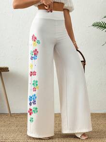 EURMUSE Quần ống rộng nữ có họa tiết hoa - trắng - Xem 3