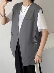 FRIFUL Áo blazer nữ màu xám trơn dáng rộng cổ chữ V có túi trang trí, kiểu dáng thường ngày. - Xám - Xem 2