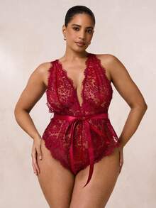 SHEIN BAE 2 件套加大码蕾丝无线紧身衣和腰带 - 酒紅色 - 查看 4