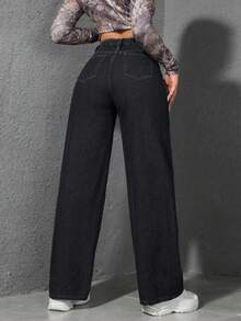 SHEIN EZwear 大码女式复古休闲直筒无弹力中蓝色牛仔裤 - 黑色 - 查看 2