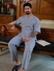 DAZY Men's Solid Blue Short Sleeve Shirt And Pants Pajama Set, Spring/Summer - Blue - View 7