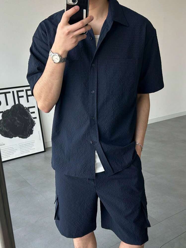 Navy Blue Men's Short Sleeve Shirt And Shorts Set, Summer