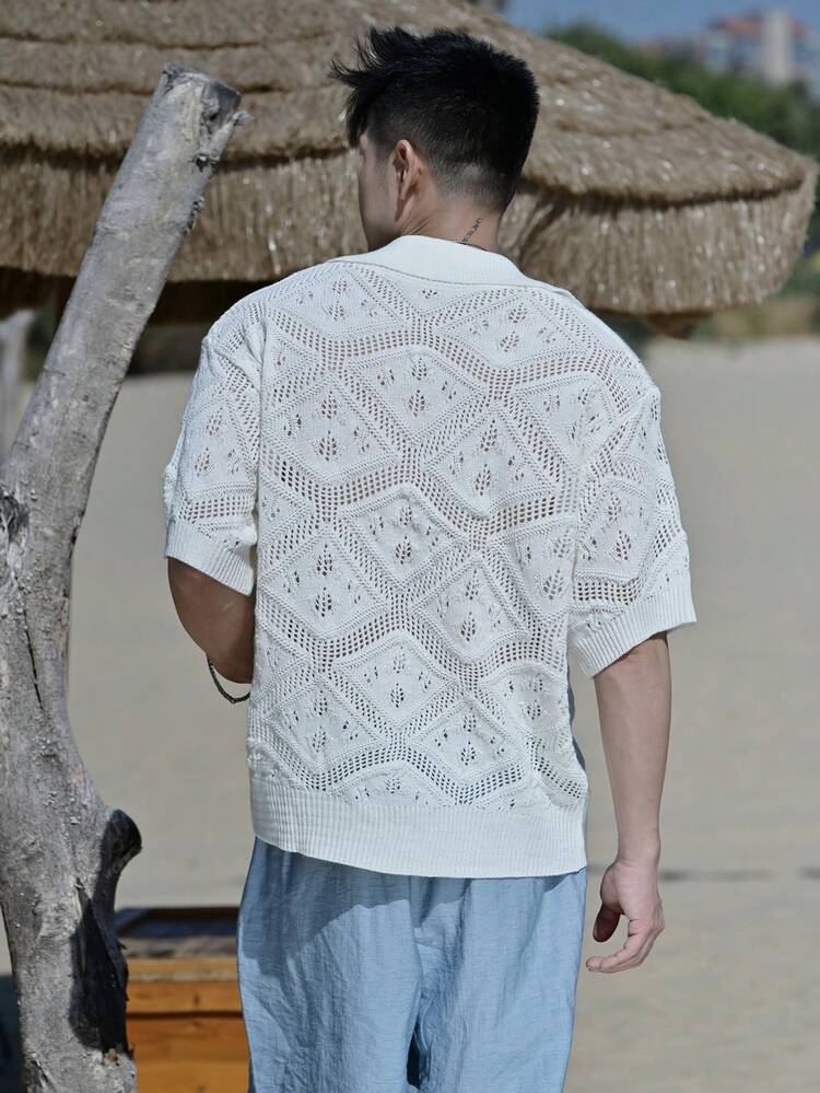 Men's Textured Jacquard Short Sleeve Cardigan Knit Top, Summer