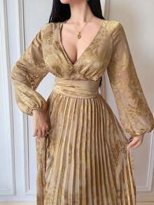 DAZY V-Neck Jacquard Long Sleeve Dress, Waist Cinching Slimming Long Sleeve Pleated Dress Wedding Guest Dress Sundress - Khaki - View 8