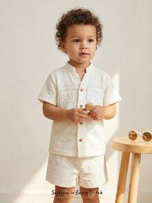 Cozy Pixies 2件套男婴纯色休闲翻领短袖衬衫和松紧腰短裤套装，婴儿夏季套装，奶油色女婴套装，婴儿休闲套装，婴儿夏季服装，男婴夏季衬衫，幼儿亚麻套装，男童中性婴儿服装，复古中性婴儿服装，婴儿纽扣衬衫 - 彩色 - 查看 7