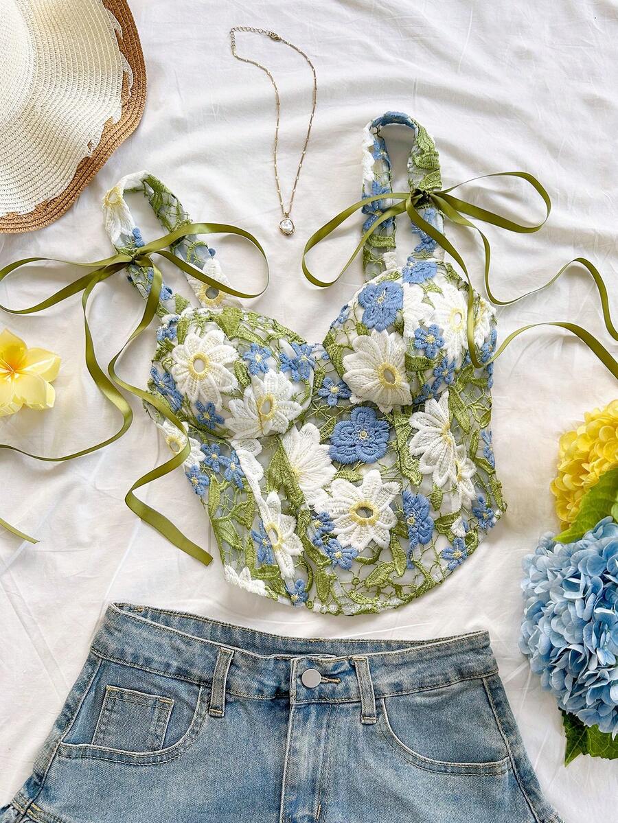 Soleia 女士沙滩夏季度假风花朵图案水溶蕾丝蝴蝶结吊带背心 - 彩色 - 查看 1