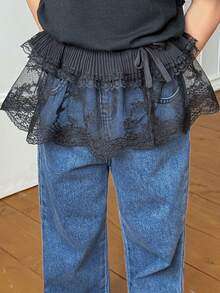 Hapijoa Girls' White Lace Mesh Skirt, Layered Tie-Waist Skirt, Atmosphere Sense, Summer - Black - View 6