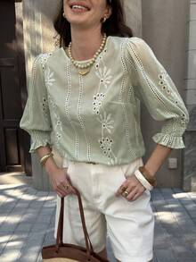 Solivie Women's Spring/Summer Embroidered Blouse, Green Top, Elegant For Vacation, Outings, Easter Summer Tops Summer Holiday Outfits - Mint Green - View 1