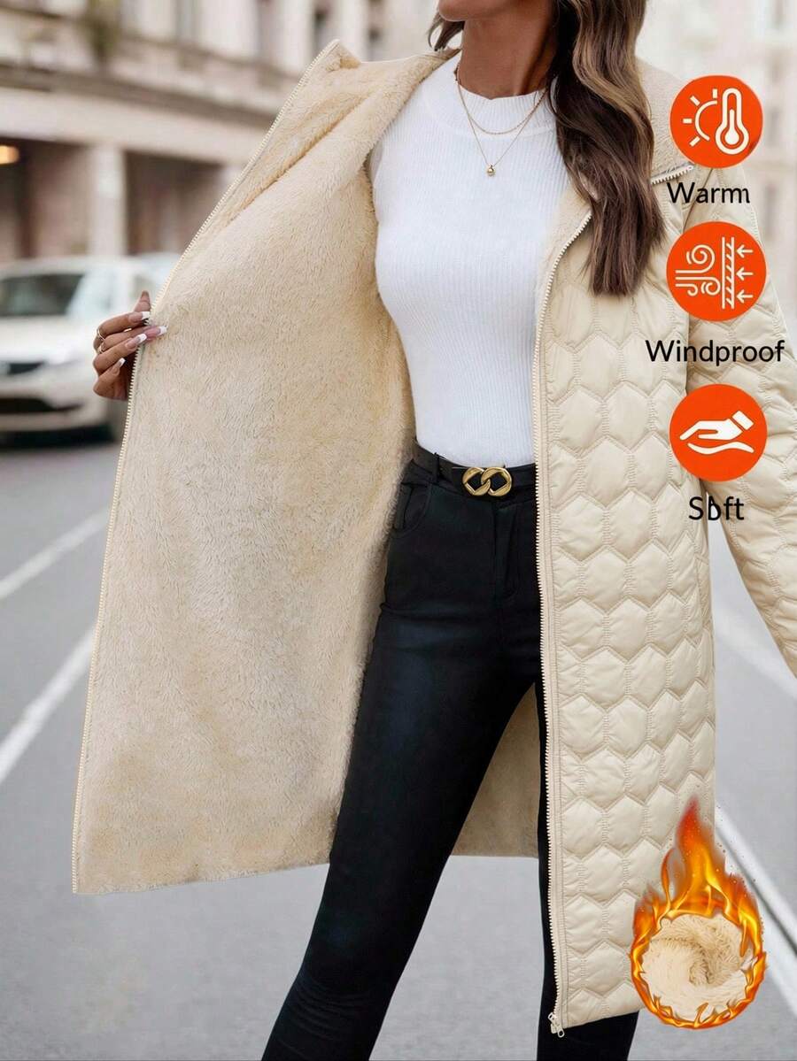 SHEIN Clasi Abrigo acolchado largo para mujer, diseño clásico y versátil con capucha, para invierno - Albaricoque - Ver 1
