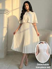 SHEIN 少女纯色蝴蝶结装饰披肩外套和褶裥下摆无袖连衣裙优雅套装，适合节日和生日派对。 - 杏色 - 查看 3
