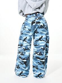 SUMWON WOMEN Textured Blue Camouflage Wide Leg Cargo Pants For Women High Waisted Military Print Baggy Trousers Streetwear Casual Bottoms - Blue - View 2