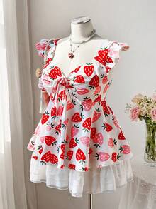 Sweetra Áo kiểu tay ngắn dáng suông in hình dâu tây dễ thương dành cho bé gái cỡ lớn, tôn dáng cho mặc hàng ngày, đi chơi và nghỉ mát, mùa hè. - Hồng - Xem 3