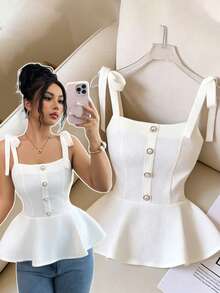 Elenzga New Waffle Ruffle Strap Bow Pearl Metal Buckle Versatile Commuter French Elegant Women Camisole - Beige - View 1