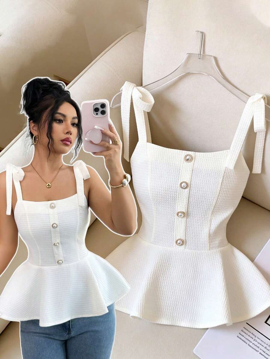 Elenzga New Waffle Ruffle Strap Bow Pearl Metal Buckle Versatile Commuter French Elegant Women Camisole - Beige - View 1