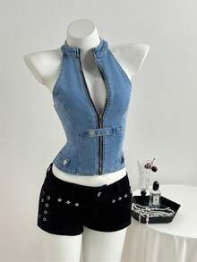 Elamini 女士时尚休闲百搭牛仔背心，修身性感 - 淺色水洗藍 - 查看 3