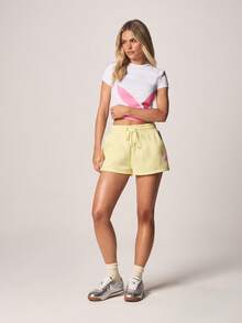 Missguided x Playboy Oversized Drawstring Jogger Shorts With Pink Script Print Mid Thigh Length Casual Summer Loungewear - Yellow - View 3