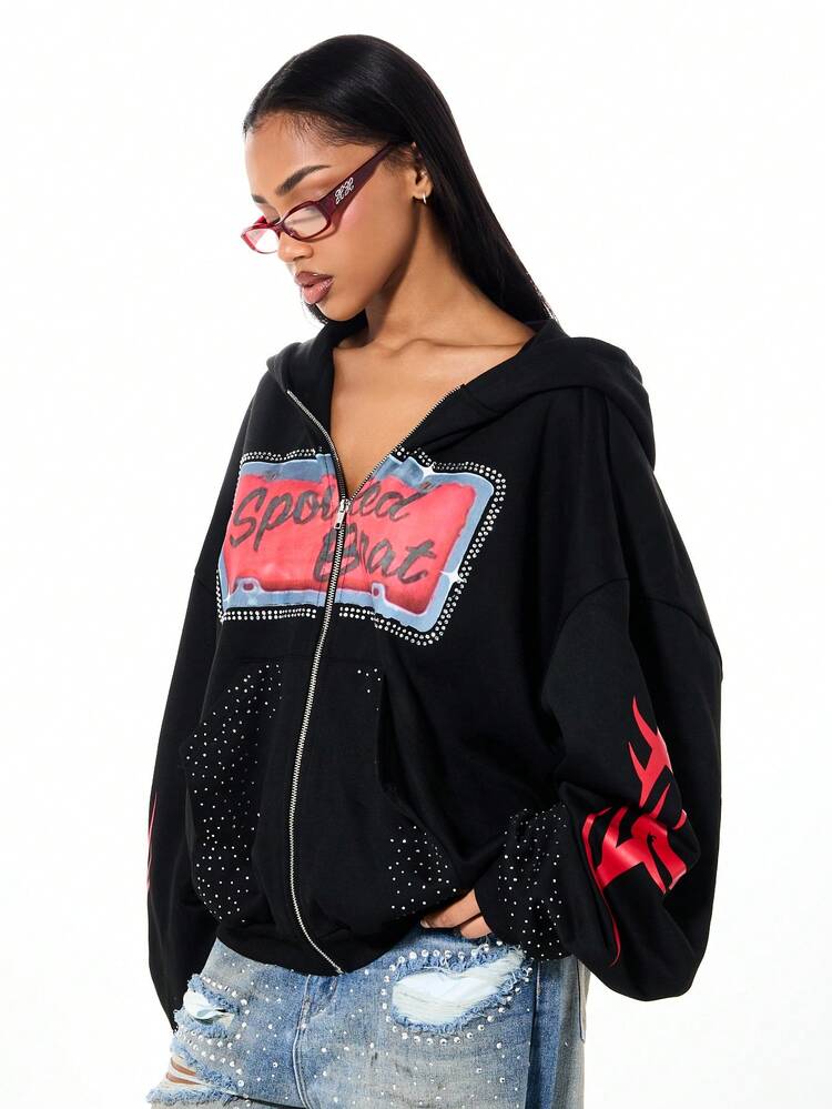 SUMWON WOMEN Rhinestone Embellished Zip Through Graphic Hoodie With Front Print And Flame Details