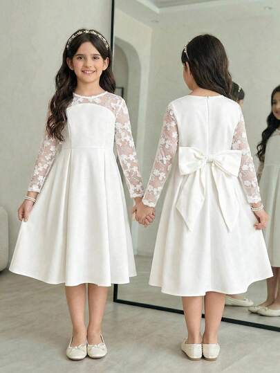 SHEIN Elegant prinsessklänning i rund hals med stor rosettdekor, nätbroderad 3D-blommig lapptäcke, enfärgad, långärmad, vit, lämplig för bröllop, blomsterflicka, fest