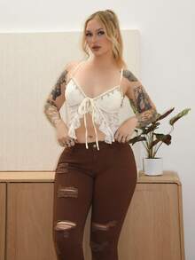 Arliah Textured Jacquard Fabric Slit Hem Bohemian Style Camisole - Beige - View 1