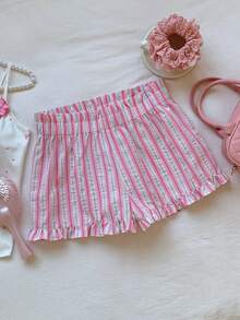 Comfortcana Quần short nữ kẻ sọc, cạp chun, kiểu dáng thường ngày đa năng. - Màu Hồng baby - Xem 5