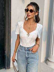 Pariaura Women's Elegant White Summer Eyelet Top,Parisian Chic Mesh Embroidered Short Sleeve V Neck Lace T-Shirt,Boho Brunch Casual Square Neck Blouses - White - View 5