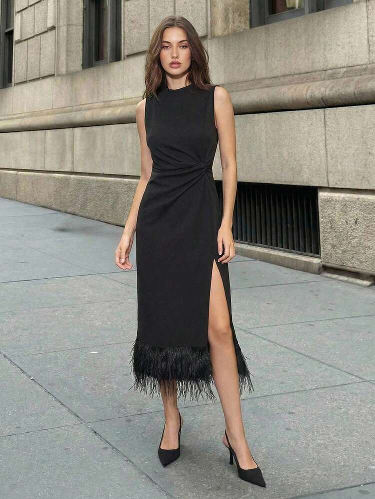 SHEIN Maija Solid Color Round Neck High Slit Sleeveless Elegant Dress, Simple And Generous Tailoring, High Slit Hem Design Showcases Charming Curves And Adds Sexy Elegant. Classic Black Style Is Versatile And Fashionable, Suitable For Parties, New Year's Eve Banquets And Other Occasions. Also An Elegant Choice For Ladies' Evening Gowns And Party Attire. Whether It Is A Sexy Black Dress Or A High Slit Maxi Dress, It Can Highlight Women's Confidence And Charm.  St Patrick's Day Women Easter Summer Outfits Easter Dress Women Party Top Beach Dress Summer Holiday Outfits Each Vacation Outfits For Women  Summer Outfit For Women Going Out Outfits Graduation Graduation Outfit  Casual Dresses  Casual Blouses For Women