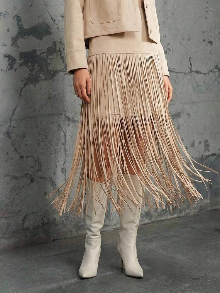 SHEIN Maija Women's Linen Color Hem Tassel Patchwork Design Slimming Casual Boho Chic Versatile Skirt, Suitable For Music Festival, Western Style, Bohemian, Elegant All Season Modern Vacation Nomadic Casual Fashion Vacation Summer Going Out Graduation Fringe Sequin  Elegant  Party