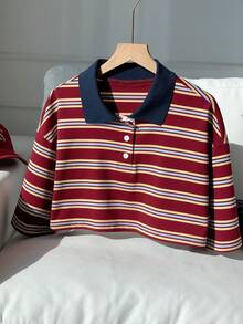 Comfortcana 休闲条纹 Polo 领短款运动学院风上衣，适合户外、运动、休闲和上学穿着。2026 春夏新款，时尚百搭，适合夏季海滩度假等场合，Y2K 2000 年代风格。 - 彩色 - 查看 8