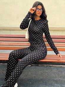 Aidyla 2pcs Black Background White Polka Dot Long Sleeve Fitted Casual Women Set - Black and White - View 7