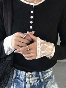 FRIFUL Women's Contrast Color Patchwork Sheer Lace Contrast Button Ribbed Fabric Slim Fit T-Shirt, Suitable For Spring - Black - View 9