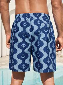 Manfinity RSRT Men's Contrast Color Geometric Floral Swim Trunks Aqua Blue,Summer,Tropical,Beach,Vacation,Holiday Elastic Waist Drawstring Loose Beach Shorts - Navy Blue - View 3