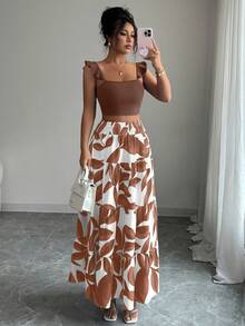 Elenzga 女士荷叶边吊带露背短款上衣和印花喇叭裙两件套 - 棕色 - 查看 4