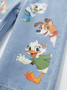 SHEIN Playful Pals Toddler Girls' Casual Denim Summer New Arrivals Light Blue Denim Cute Animal Print Loose Fit Straight Leg Jeans, Versatile For Daily Wear And Back To School - Light Wash - View 3