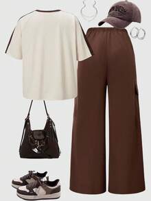 SHEIN Girls' Casual Fashion Raglan Sleeve T-Shirt With Contrast Stripes & Logo, Paired With Loose Fit Cargo Pants, 2 Pieces Set, Spring/Summer - Multicolor - View 2