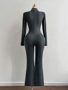 Elamini Women's Black Stand Collar Jumpsuit With Logo, Elastic Fitted Slimming Design, Front Zipper, Elegant & Sexy European Style - Grey - View 2