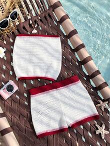 Elamini Women's Spring/Summer 3D Crochet Bow & Starfish Cute Casual Versatile Crop Top & Shorts Knit 2 Pieces Set - Multicolor - View 2