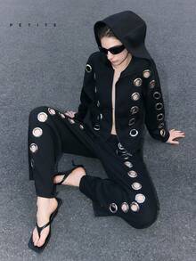 PETITE 2026 New Arrive Minimalism Spring/Summer Women's Black Y2K Casual Metal Eyelet Drawstring Waist Wide Leg Sweatpants Summer Spring Break Outfits Carnival Costumes Partywear For Going Out Outfits - Black - View 9