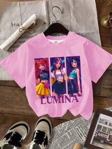 Leuchtend rosa, Cartoon Mädchen Muster, K-Pop Superstars, Tween-Mädchen Lässig Minimalist Kurzarm Rundhals T-Shirt, geeignet für den Sommer - Verschiedenfarbig - Übersicht 2