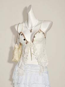 Swim Mod Women's Casual Vacation Apricot Lace Fabric Shell Tape Splicing Front Wavy Ruffle Tie Bikini Top, Summer - Apricot - View 3