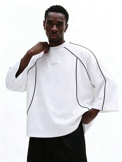  SUMWON Men Oversized Crew Neck Sweatshirt With Black Contrast Piping Details Long Sleeve Pullover Top Plain